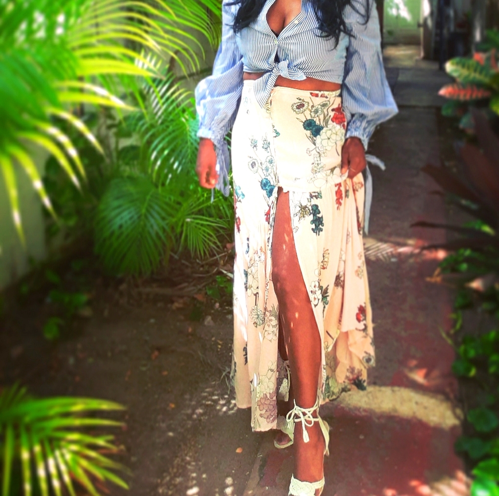 Boho Button Front Pleated Maxi Skirt